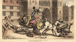 O esqueleto da Morte com capa e boné conduz uma carruagem de dois cavalos enquanto embate na estrada matando o seu passageiro, um oficial de justiça. Placa de cobre colorida à mão desenhada e gravada por Thomas Rowlandson de The English Dance of Death, Ack de Thomas Rowlandson