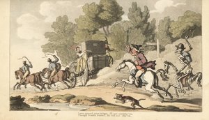 O esqueleto da Morte junta-se a um pai irado enquanto ele tenta impedir a sua única filha de fugir com um soldado numa diligência para Gretna Green. Placa de cobre colorida à mão desenhada e gravada por Thomas Rowlandson de The English Dance of Death, Acke de Thomas Rowlandson