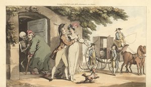 O esqueleto da Morte leva um homem velho a um mausoléu, deixando a sua jovem viúva livre para voltar a casar. Placa de cobre colorida à mão desenhada e gravada por Thomas Rowlandson de The English Dance of Death, Ackermann, Londres. de Thomas Rowlandson
