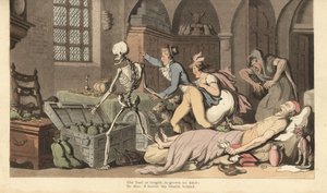 O esqueleto da Morte conduz crianças gananciosas ao baú de ouro de um avarento, que se deita morto numa cama agarrado a um testamento e a um saco de dinheiro. Placa de cobre colorida à mão desenhada e gravada por Thomas Rowlandson de The English Dance of D de Thomas Rowlandson