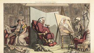 O esqueleto da Morte pinta um retrato de um vereador, enquanto a sua jovem criada flerta com um galante artista atrás da tela. Placa de cobre colorida à mão, desenhada e gravada por Thomas Rowlandson de The English Dance of Death, Ackermann, Londres. de Thomas Rowlandson