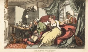 O esqueleto da Morte derrama um copo de vinho fatal para o velho tolo Sir Peter em sua lua-de-mel, enquanto sua jovem esposa Julia flerta com o Major Henry na janela. Chapa de cobre colorida à mão desenhada e gravada por Thomas Rowlandson de The English Da de Thomas Rowlandson