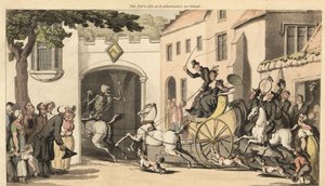 O esqueleto da Morte cavalga à frente de um tandem alto levando o próximo herdeiro à sua perdição sob um arco baixo. Placa de cobre colorida à mão desenhada e gravada por Thomas Rowlandson de The English Dance of Death, Ackermann, Londres. de Thomas Rowlandson