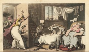 O esqueleto da Morte abala o berço de um bebê enquanto a babá dorme e a mãe desesperada chega em casa. Placa de cobre colorida à mão desenhada e gravada por Thomas Rowlandson de The English Dance of Death, Ackermann, Londres de Thomas Rowlandson