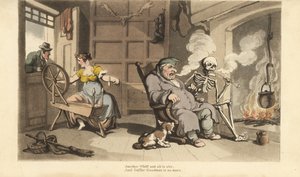 O esqueleto da Morte fuma um cachimbo à lareira com o velho Gaffer Goodman, enquanto a sua jovem esposa é seduzida por um pretendente à janela. Chapa de cobre colorida à mão desenhada e gravada por Thomas Rowlandson de The English Dance of Death, Ackermann de Thomas Rowlandson