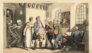 O esqueleto da Morte surpreende Ned Freeman quando ele visita o escritório do seguro, deixando sua viúva com uma enorme soma. Placa de cobre colorida à mão desenhada e gravada por Thomas Rowlandson de The English Dance of Death, Ackermann, Londres. de Thomas Rowlandson