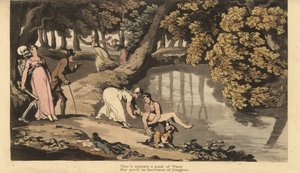 O esqueleto da Morte leva a mãe enquanto ela testemunha o corpo sem vida de seu filho arrancado de um lago. Placa de cobre colorida à mão desenhada e gravada por Thomas Rowlandson de The English Dance of Death, Ackermann, Londres. de Thomas Rowlandson