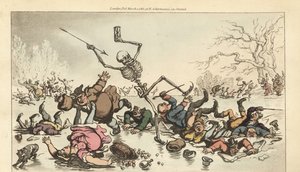O esqueleto da Morte com dardo e ampulheta patinando em um lago congelado enquanto outros patinadores caem através do gelo quebrado. Placa de cobre colorida à mão desenhada e gravada por Thomas Rowlandson de The English Dance of Death, Ackermann, Londres. de Thomas Rowlandson