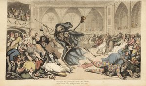 O esqueleto da Morte com seu dardo causa um motim entre os arlequins, jockeys, freiras, turcos e tolos em um baile de máscaras. Placa de cobre colorida à mão desenhada e gravada por Thomas Rowlandson de The English Dance of Death, Ackermann, Londres. de Thomas Rowlandson