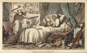 O esqueleto da Morte com o antiquário acumulado em um quarto cheio de instrumentos musicais, livros, manuscritos, armaduras, um globo, um busto, ratos, etc. Placa de cobre colorida à mão desenhada e gravada por Thomas Rowlandson de The English Dance of Dea de Thomas Rowlandson