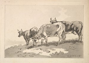 Três vacas em pé no cume de um campo, 1784-87. de Thomas Rowlandson
