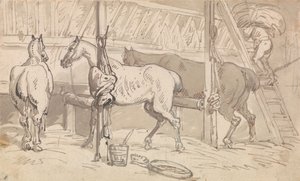 Três cavalos nos estábulos de Thomas Rowlandson