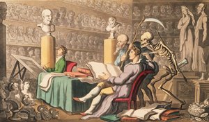 Tempo e Morte Seus Pensamentos ImpartOn Works of Learning e of Art, do pub &39;English Dance of Death&39;. por Rudolph Ackermann (1764-1834) 1814 (aquatinta) de Thomas Rowlandson