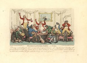 Um homem cansado e bêbado num jantar de raiva com caçadores de raposas. de Thomas Rowlandson