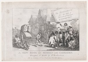 Página de rosto: Um novo livro de cavalos e carruagens, ou, o Rhedarium para a venda de todos os tipos..., 1784. de Thomas Rowlandson
