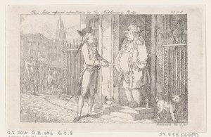 Tom Jones recusou a admissão pelo Porteiro do Nobre, de The History of Tom Jones, a F..., 1792. de Thomas Rowlandson