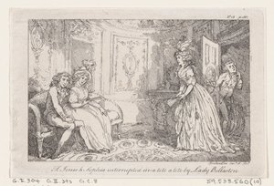 Tom Jones e Sophia interromperam em um tete a tete de Lady Bellaston, de The History of To..., 1792. de Thomas Rowlandson