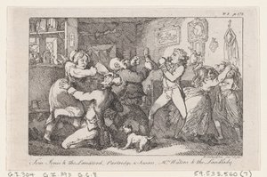 Tom Jones & the Landlord, Partridge & Susan, Mrs. Waters & the Landlady, de The History ..., 1792. de Thomas Rowlandson