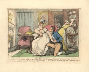 Dois amantes numa sala de estar perturbados por empregadas curiosas. de Thomas Rowlandson
