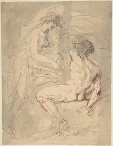 Mulher a conversar com um homem nu sentado de Thomas Rowlandson