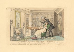 Mulher dormindo em uma mesa enquanto um homem lê seus pensamentos secretos. de Thomas Rowlandson