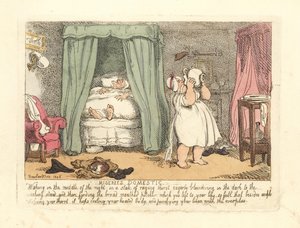 Mulher derramando um jarro de água sobre si mesma durante a noite. de Thomas Rowlandson