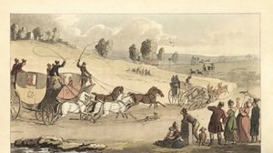 Jovens cavalheiros ingleses a correr em quatro carruagens de cavalos numa estrada de Thomas Rowlandson