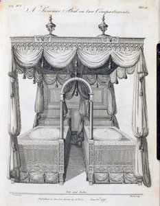 Cama de verão em dois compartimentos: placa 41, de &39;The Cabinet Maker um livro de desenho de estofador&39; por Thomas Sheraton, parte III, pub. por G. Terry, junho de 1793 (bw print) de Thomas Sheraton