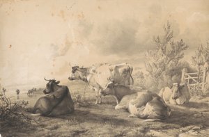 Gado deitado junto a uma vedação de Thomas Sidney Cooper