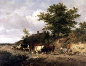 Paisagem arborizada com um menino em cima de um burro e gado em um vau de Thomas Sidney Cooper