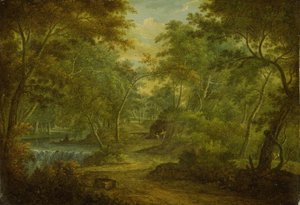 Uma paisagem arborizada com um riacho e um pescador (óleo sobre cobre)