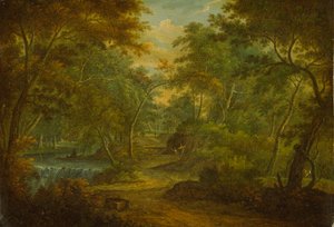 Uma paisagem arborizada com um riacho e um pescador