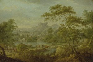 Uma paisagem imaginária com uma carroça e uma vista distante de uma cidade (óleo sobre cobre)