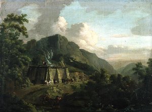 Paisagem arborizada, com Trabalhadores e Cavalos Trabalhando um Forno de Cal (óleo sobre tela)