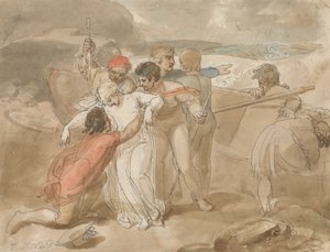 Uma mulher resgatada do mar e socorrida em terra, barco de remo e socorristas em segundo plano de Thomas Stothard