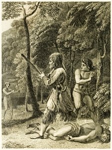 Robinson Crusoé primeiro vê e resgata seu homem na sexta-feira da vida e estranhas aventuras surpreendentes de Robinson Crusoé, ou York, Mariner de Daniel Defoe