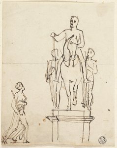 Escultura de cavaleiro acompanhado por duas figuras em pé, com esboço de um dos últimos de Thomas Stothard