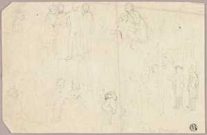 Esboços para Tristram Shandy (reto); Esboços de medalhão com figura alegórica sentada (verso) de Thomas Stothard