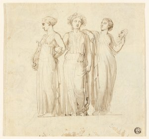 Três Musas (reto); Estudo de cavaleiro e monge para ilustração em romance gótico (verso) de Thomas Stothard