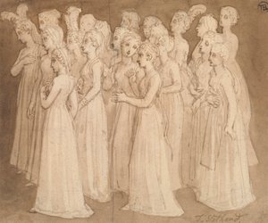 Vinte raparigas jovens num grupo a caminhar para a esquerda de Thomas Stothard