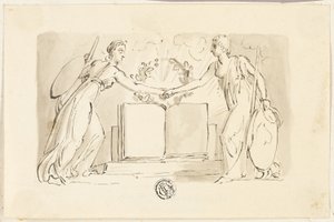 Duas figuras femininas alegóricas apertando as mãos antes do livro de Thomas Stothard
