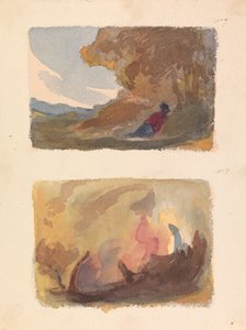 Dois Desenhos em Uma Folha: Paisagem com Reclinagem de Figura Contra Colina - Escola Ticiana e Veneziana (nº 7); Paisagem - Variedade de Lavagens de Aguarela (nº 8) de Thomas Sully