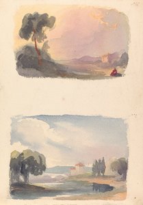 Dois Desenhos em Uma Folha: Paisagem com montanhas à distância e figuras sentadas em primeiro plano (n.º 1); Paisagem com rio e edifício, montanhas à distância (n.º 2) de Thomas Sully