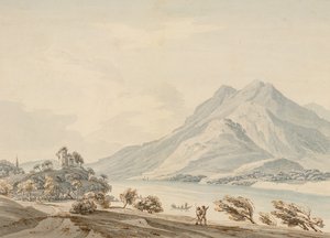 Montanha de Rigi e o antigo castelo de Habsburgo no lago de Lucerna (wc sobre grafite sobre papel)