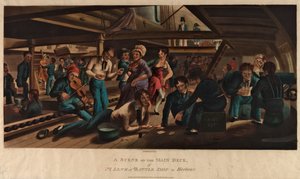 Uma cena no convés principal de um navio de guerra de linha no porto de Thomas Sutherland