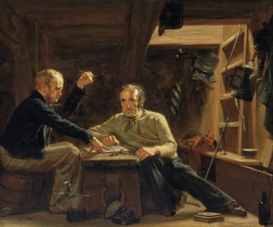 Retratos de dois marinheiros sentados entre as vigas do porão de um Berwick, um veleiro rápido utilizado para transportar salmão e viajantes