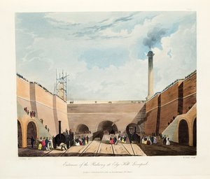 Entrada, de, a, estrada ferro, em, borda, colina, liverpool, 1831, (hand, colorido, engraving) de Thomas Talbot Bury