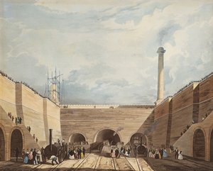Entrada da estrada de ferro em Edge Hill, Liverpool, gravado por H. Pyall, 1831 (gravura colorida à mão e aquatinta) de Thomas Talbot Bury