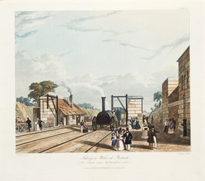 Tomando na água, em Parkside (a estação onde o Sr. Huskisson caiu), publicou 1831 (gravura colorida à mão)