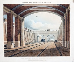Vista, levado, de, sob, a, ponte estrada hampstead, olhar, direção, a, estação, em, Euston, quadrado, 1837, (hand, colorido, engraving) de Thomas Talbot Bury